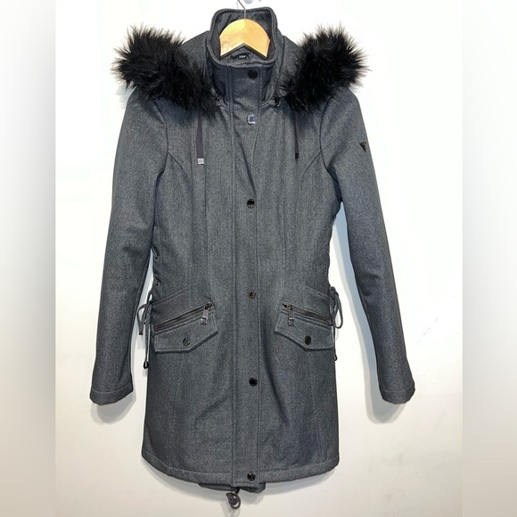 Guess Anorak Corset Waist Fur Trim Removable Hood Jacket Gray Size Small NWOT - Picture 4 of 9